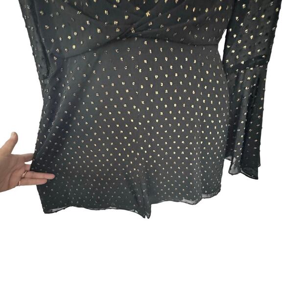 New Jay Godfrey Black Gold Metallic Polka Dot Romper Long Bell Sleeve Sz 6 - Picture 7 of 13